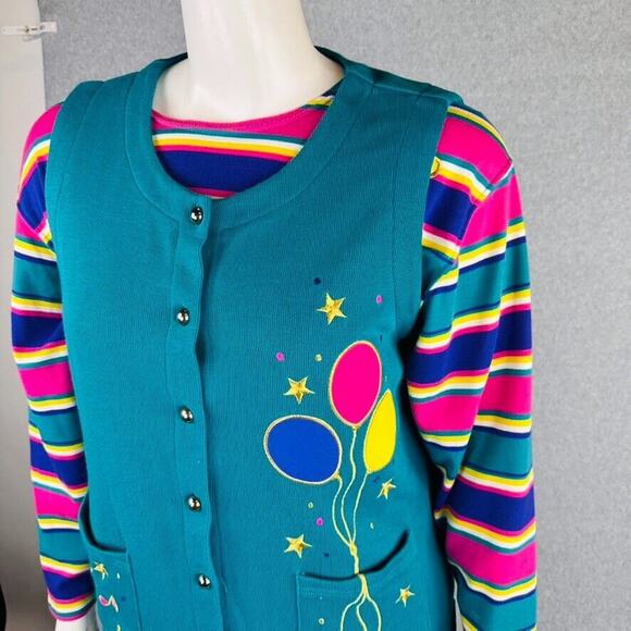 VTG Kathy White Sport Womans 1X Cardigan Shirt Music Stripes Ballon Teal Teacher - Picture 8 of 12